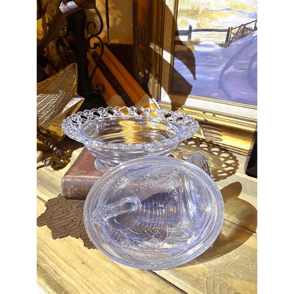 Large Crystal Carnival Glass Turkey on Nest Dish – Lace Edge Trinket Box – Mosse - Picture 4 of 5